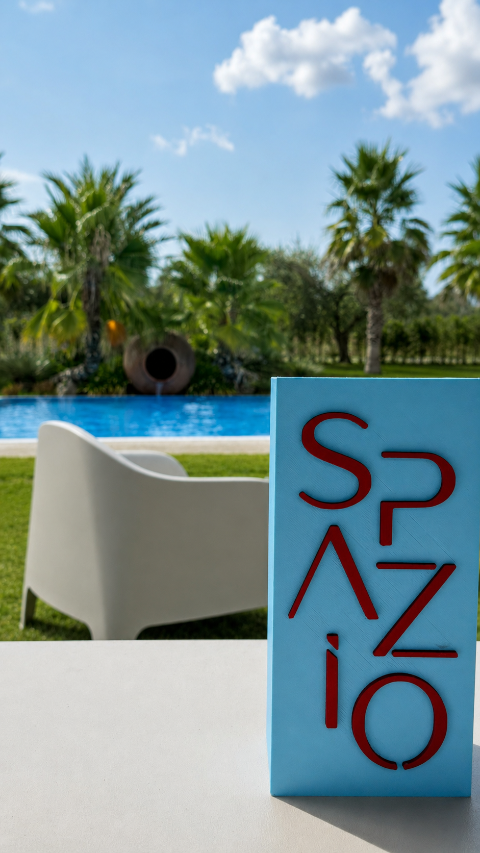 Dettaglio del logo Spazio con vista sulla piscina
