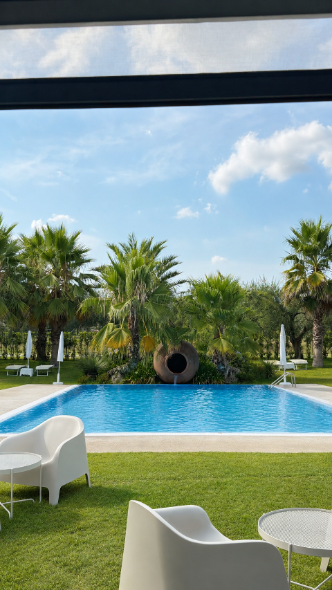 Vista della piscina di Spazio immersa nel verde